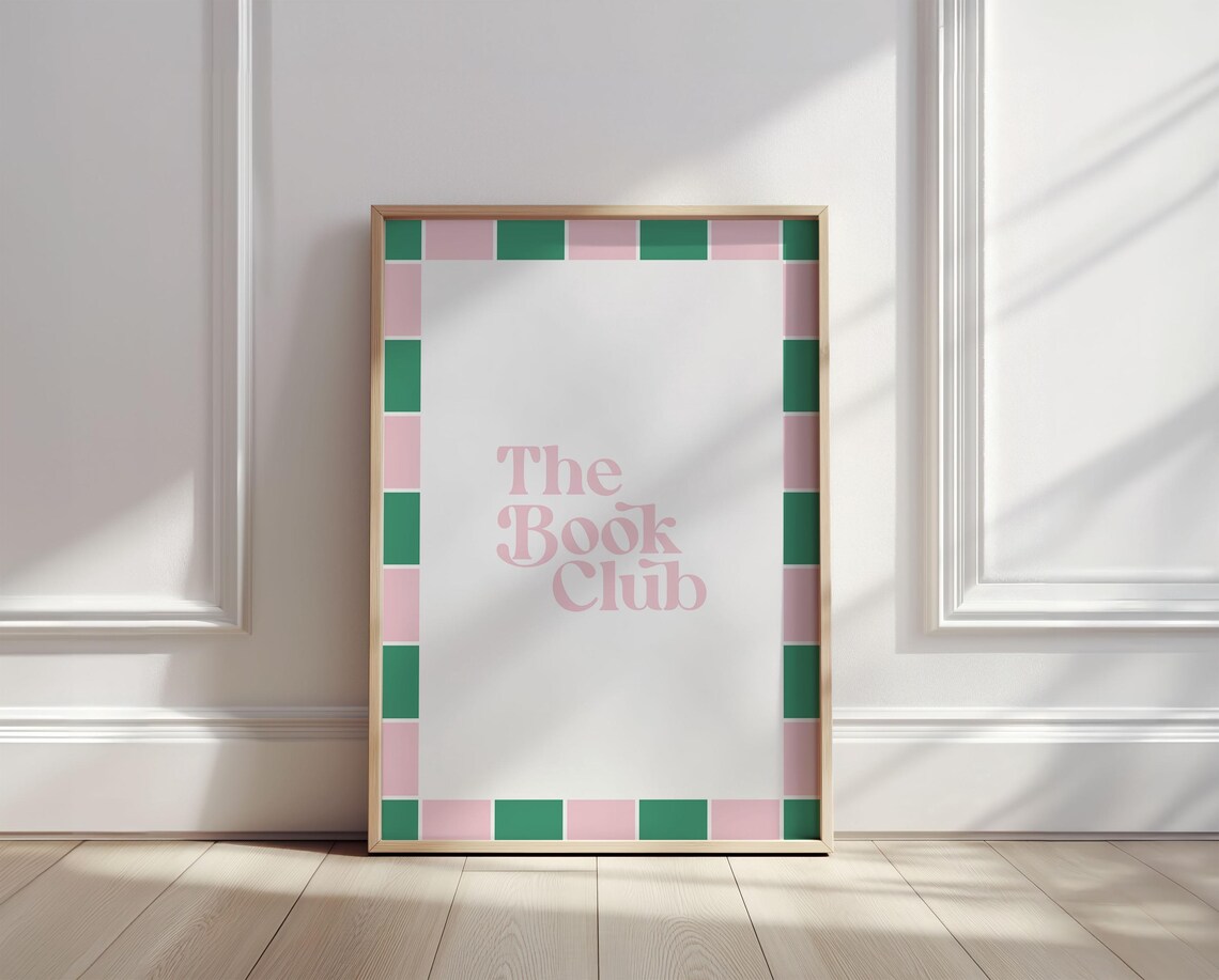 The Book Club Pink Typography with Green Checkered Border Wall Poster