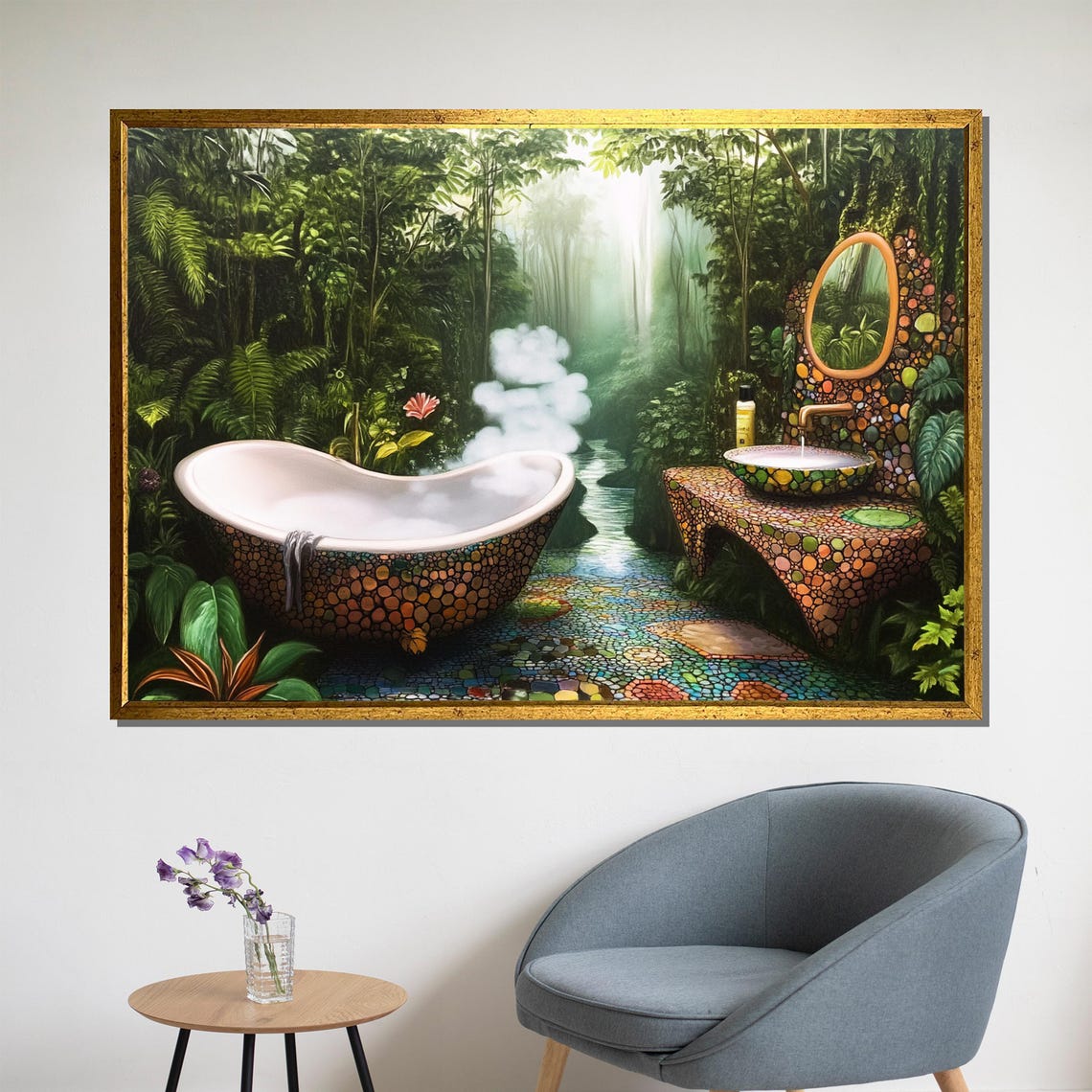 Whimsical Jungle Bathroom Art, Surreal Mosaic Forest Scene