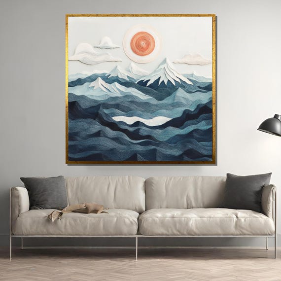 Layered Paper Mountain Landscape, Minimalist Snowy Peaks Art Print