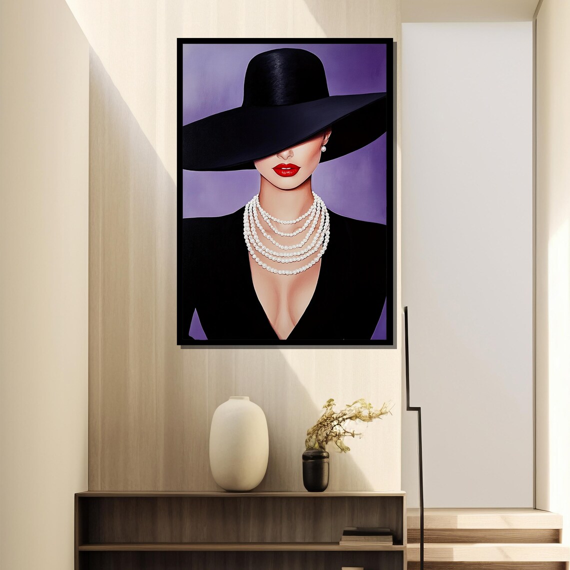 Elegant Woman In Black Hat, Pearl Necklace Portrait - Image 2