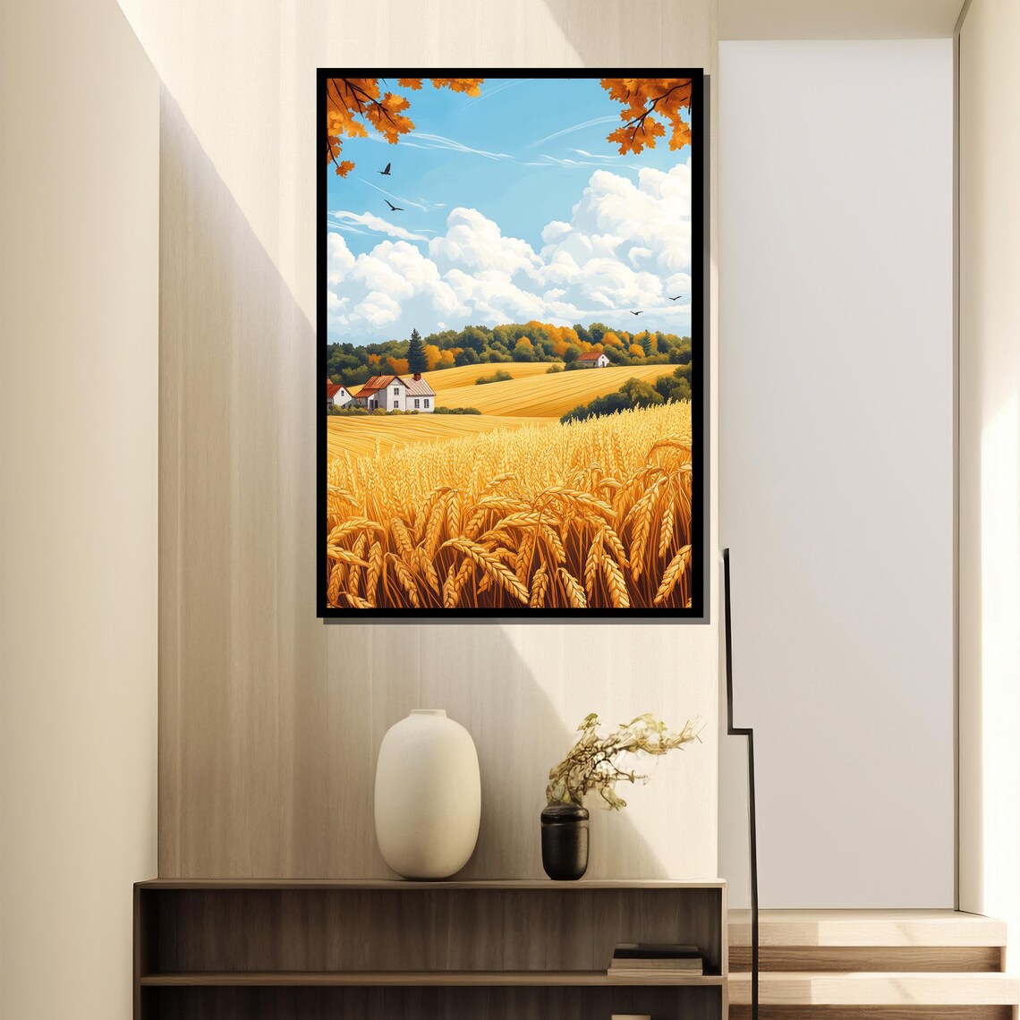 Golden Wheat Field Painting, Rustic Countryside Landscape - Image 2