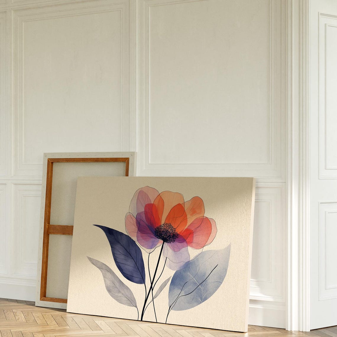 Delicate Red And Purple Flower Modern Botanical Line Canvas Art