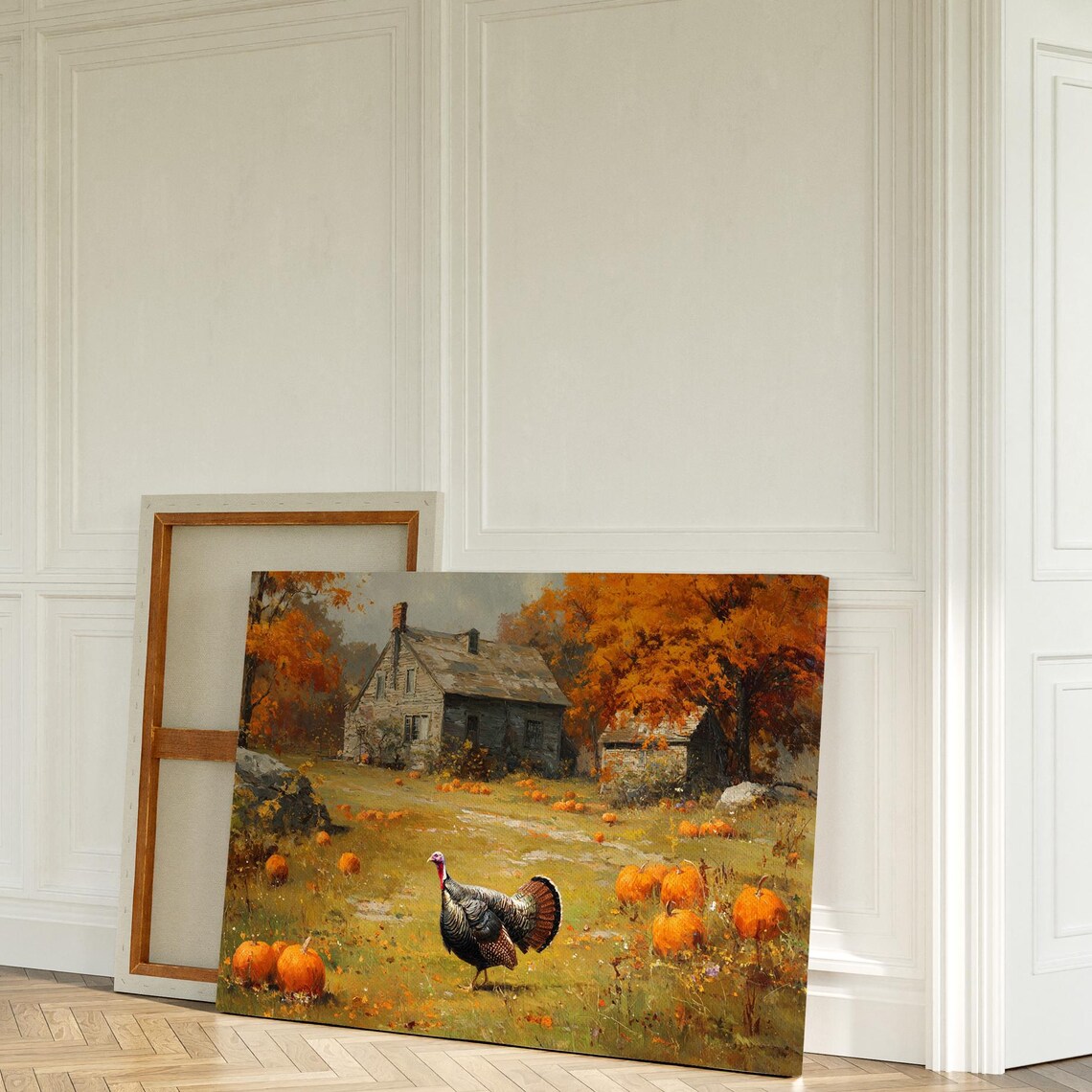 Wild Turkey in Pumpkin Patch Autumn Farmhouse Harvest Canvas Print