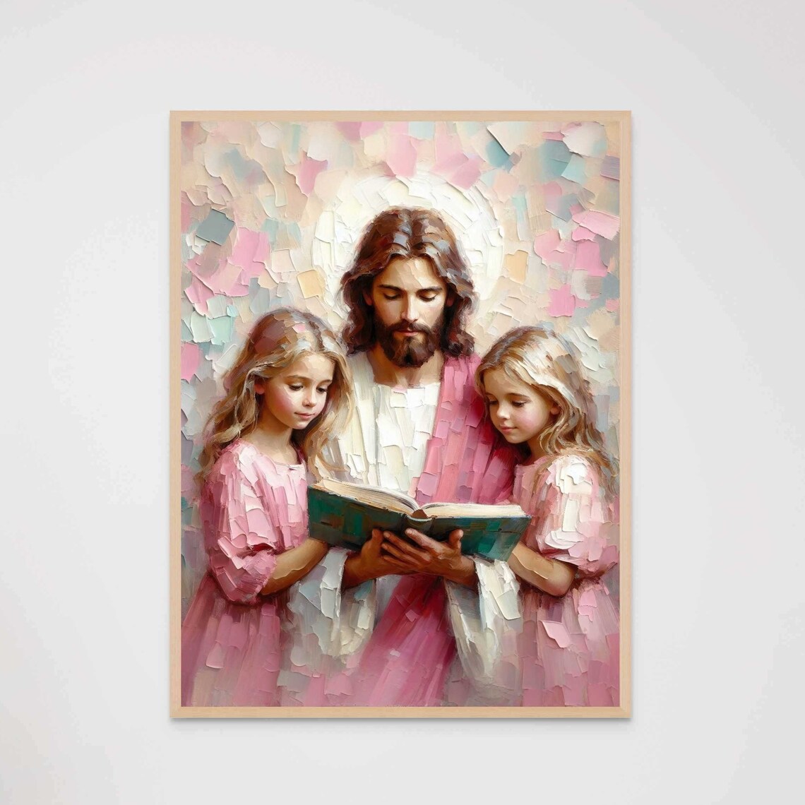 Jesus Reading Bible With Two Little Girls Pastel Painting Poster