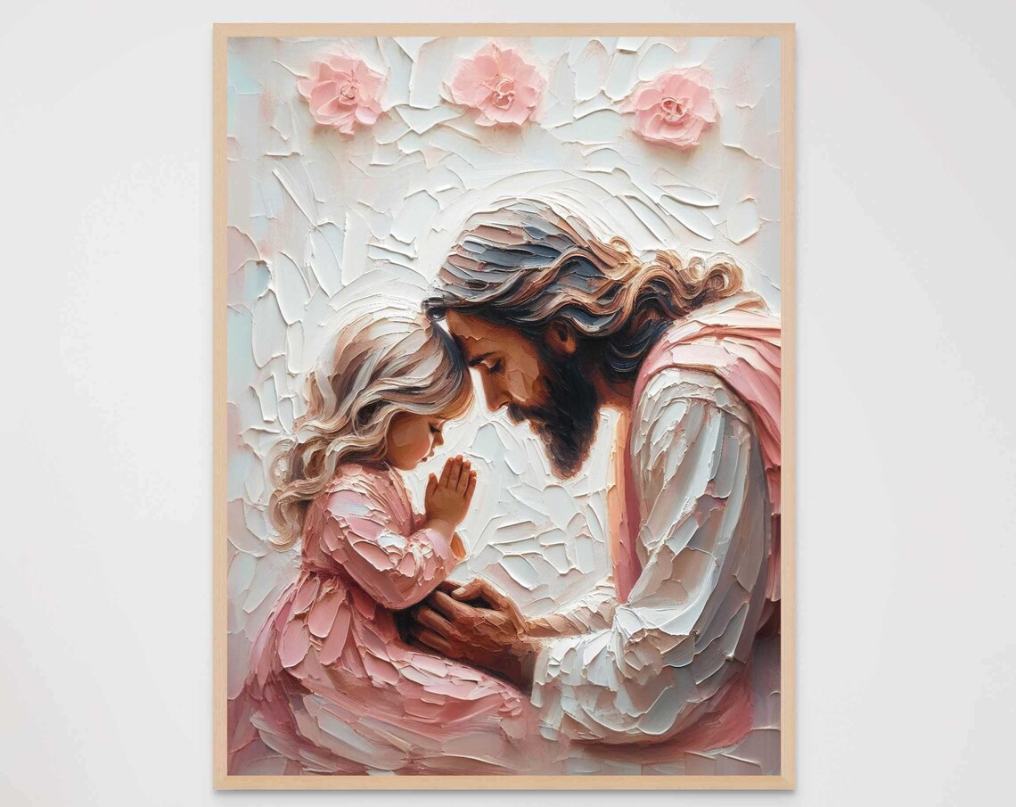 Jesus And Praying Girl Forehead To Forehead Impasto Pink Rose Wall Art - Image 7