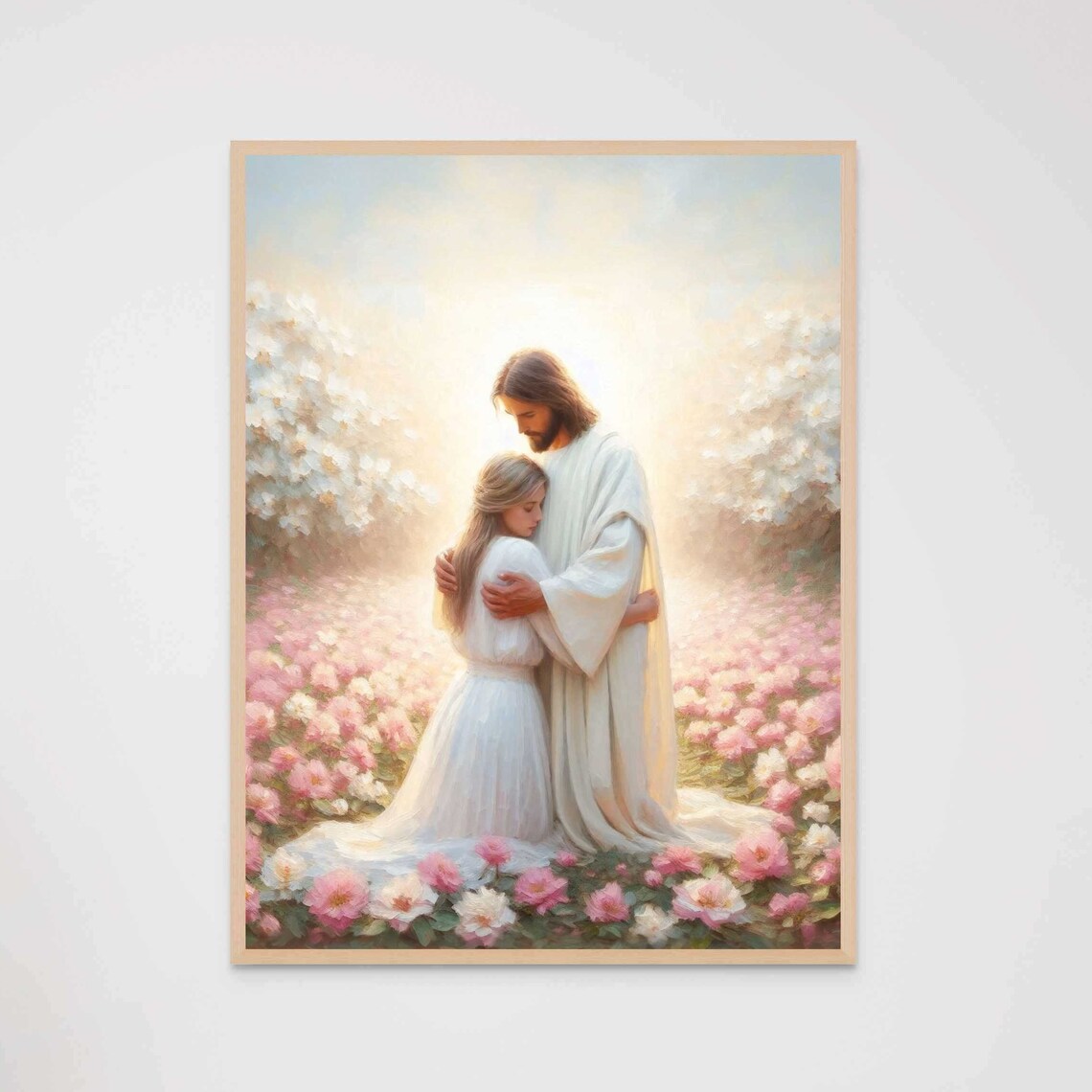 Jesus Embracing Girl in White Dress Among Pink Blossoms Poster