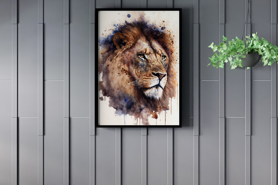 Majestic Lion Watercolor Portrait Wild Mane Big Cat Painting Art Print - Image 2