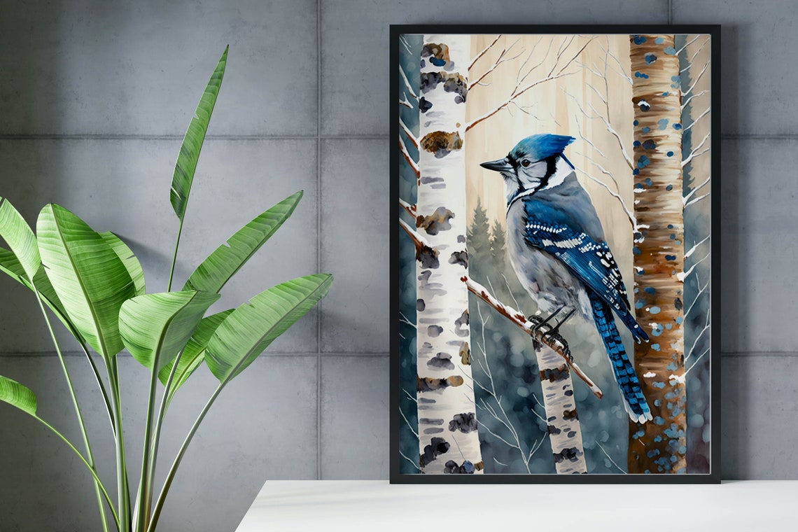 Art Blue Jay Snowy Birch Branch Winter Forest Watercolor Poster - Image 2