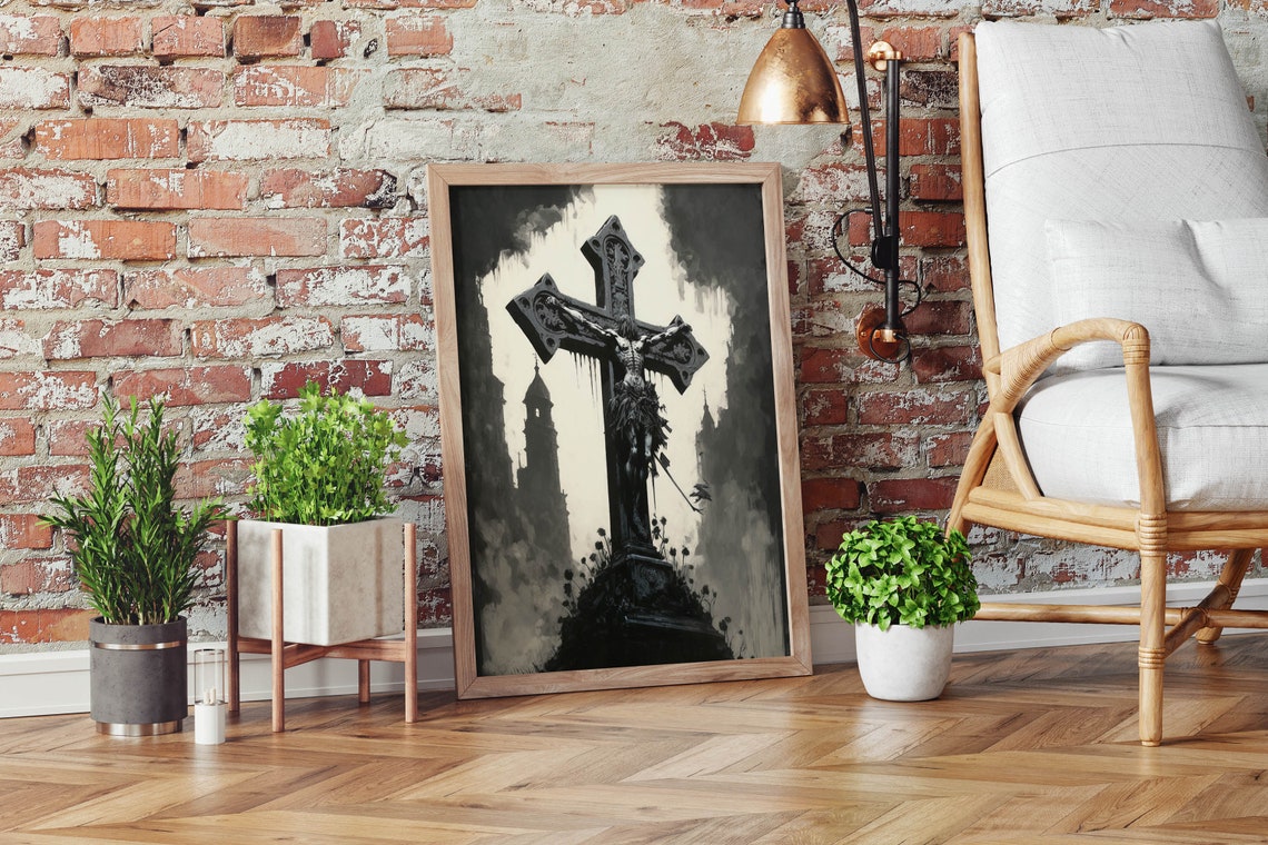 Ink Christ Crucifix Gothic Stone Cross Dark Religious Art Print - Image 2