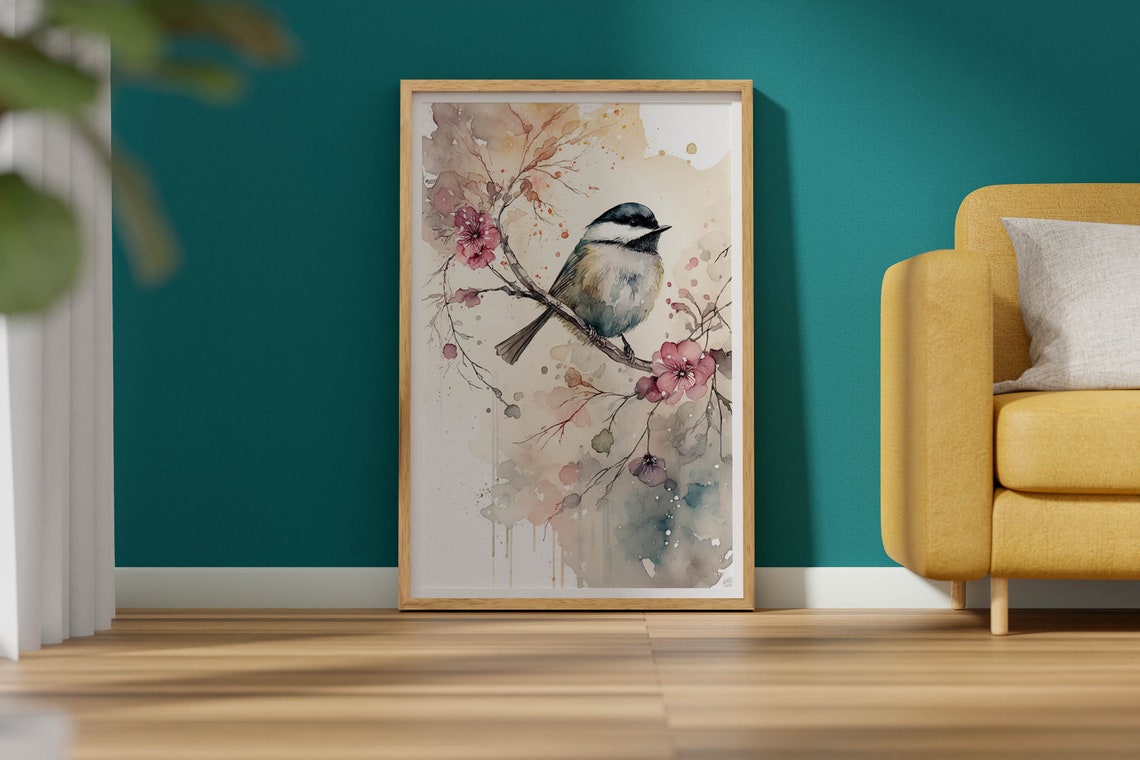 Chickadee On Cherry Blossom Branch Watercolor Bird Painting Art Print - Image 2