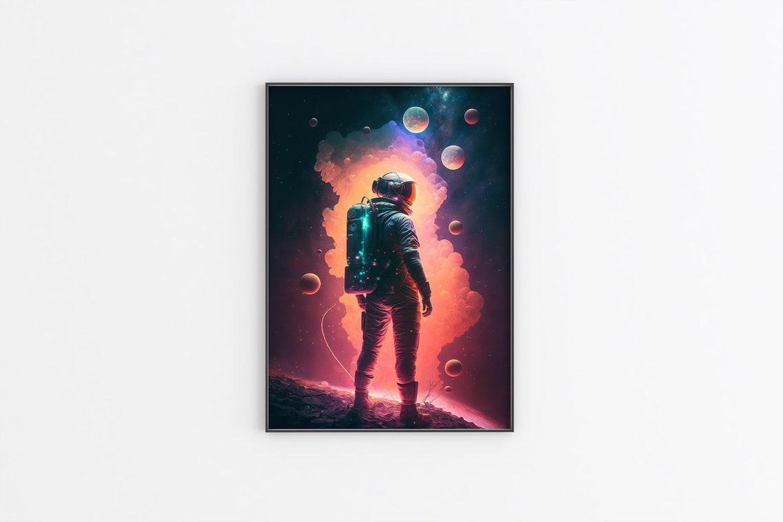 Astronaut Before Glowing Cloud Poster Pink Planets Cosmic Vista Art - Image 2
