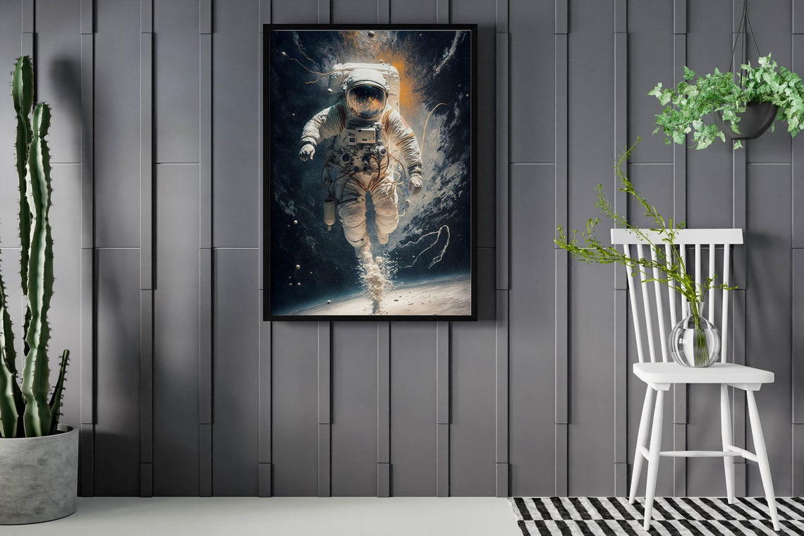 Astronaut Floating Above Lunar Surface Poster Golden Burst Space Art - Image 2