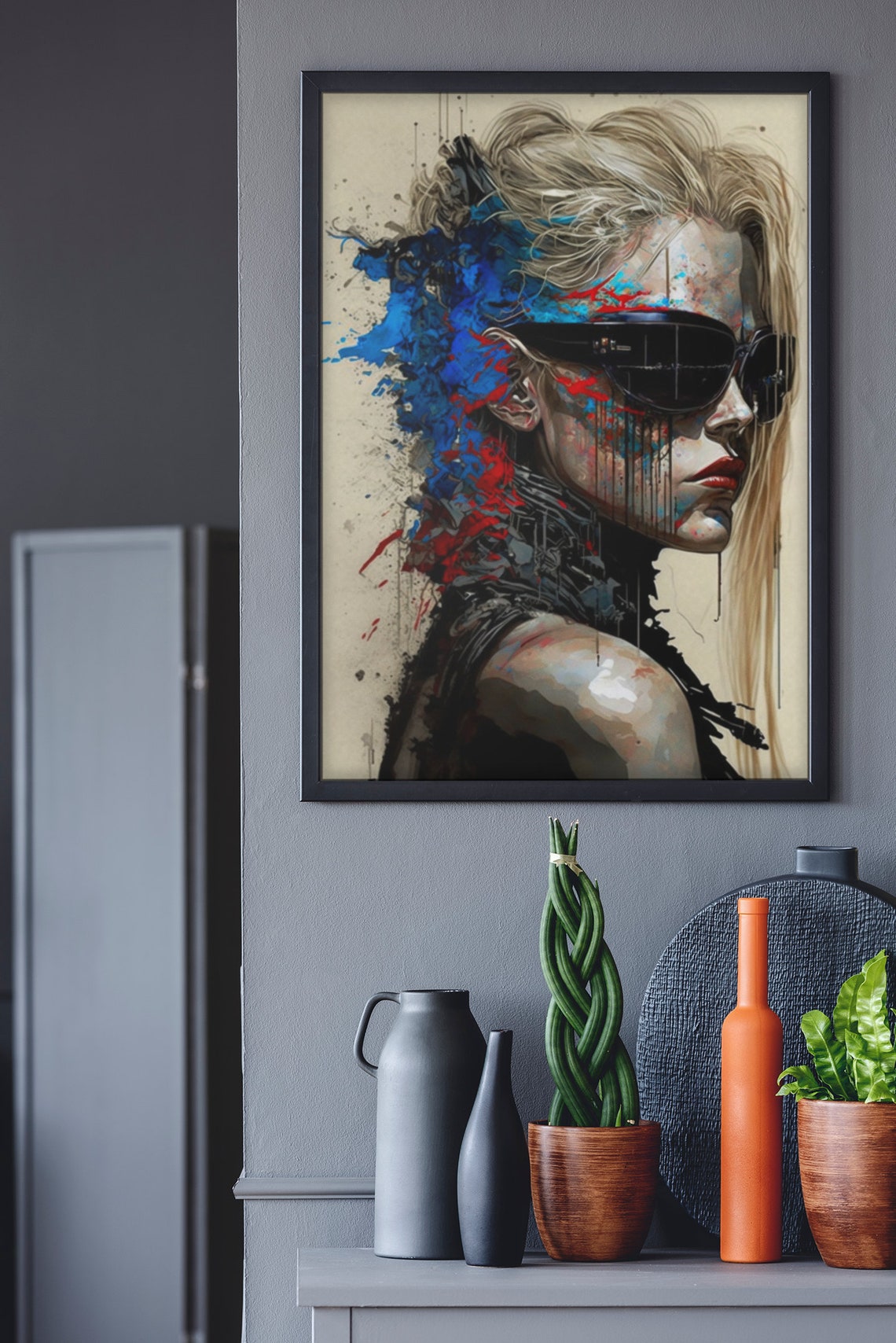 Cyber Woman Sunglasses Blue Red Ink Splash Side Profile Art Poster - Image 2