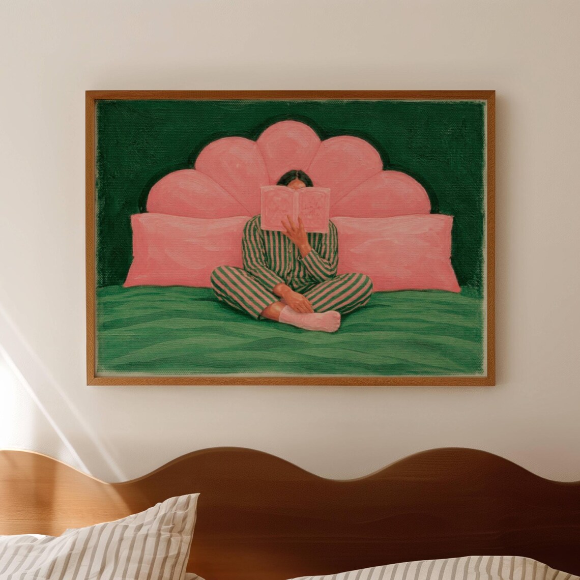 Cozy Woman Reading in Bed Striped Pajamas Pink Bedroom Wall Art