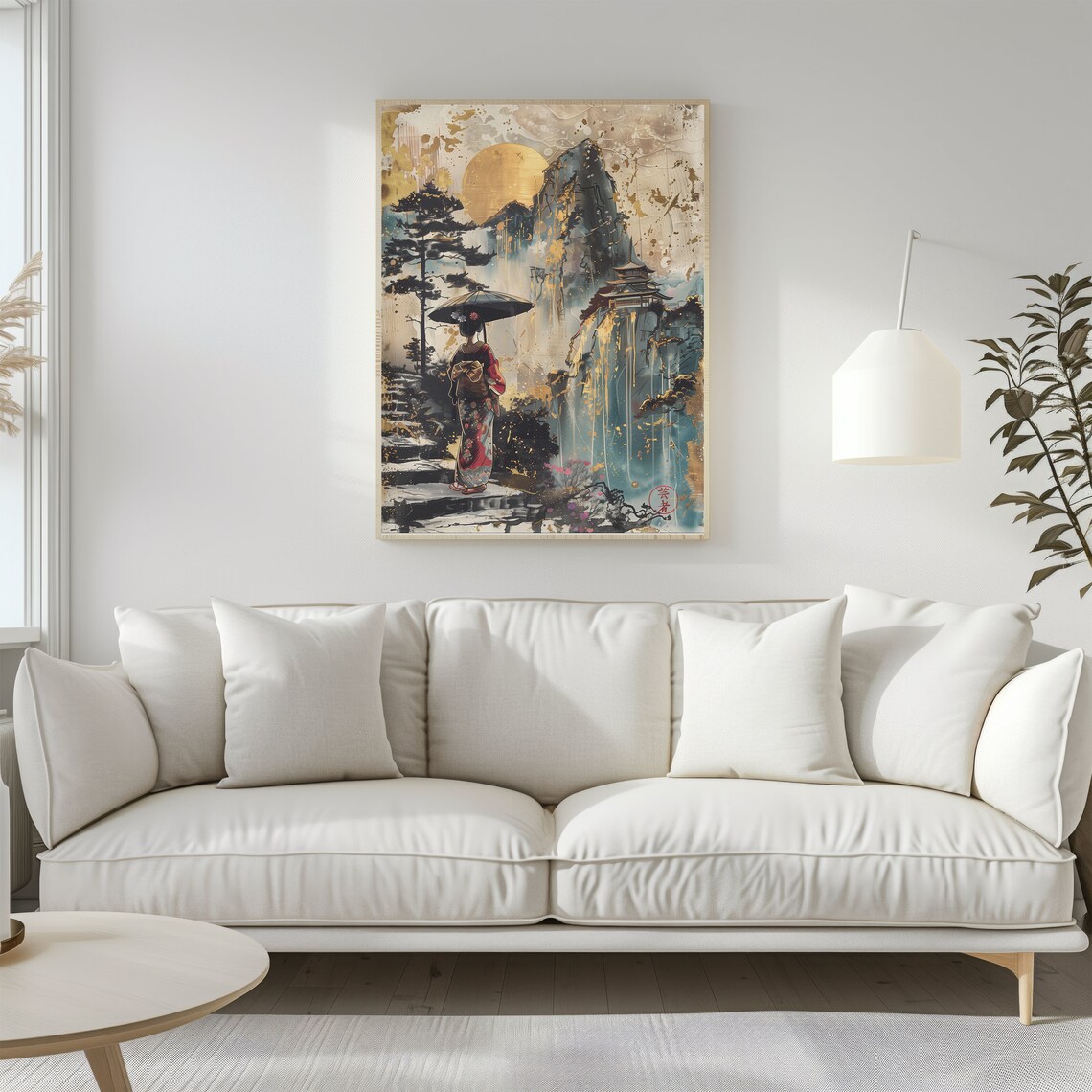 Moody Japanese Geisha Art Print, Mountain Scenery - Image 3