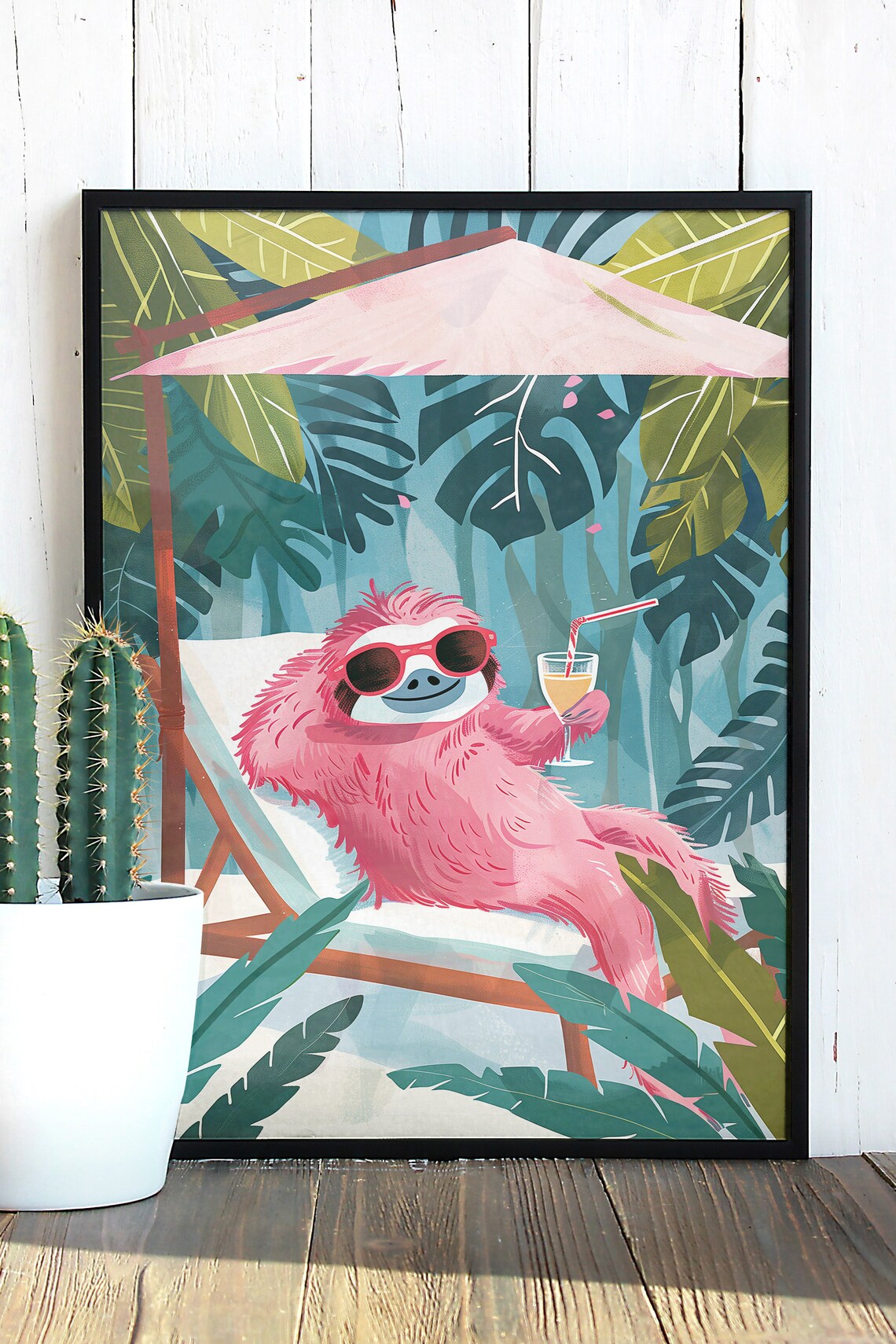 Relaxed Pink Sloth Beach Chair Poster Tropical Cocktail Summer Decor - Image 3