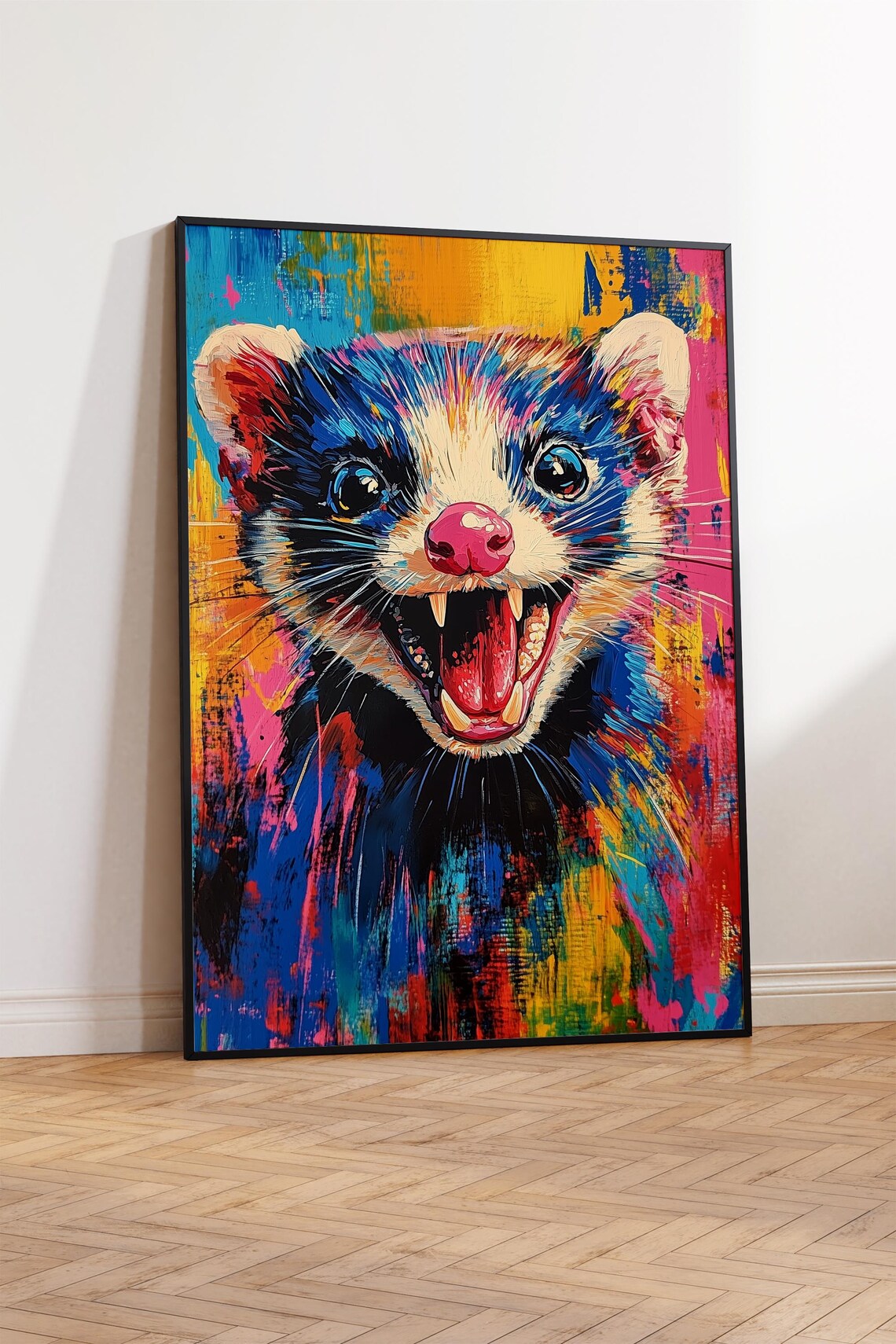 Cheeky Laughing Ferret Colorful Neon Pop Art Pet Portrait Print - Image 3