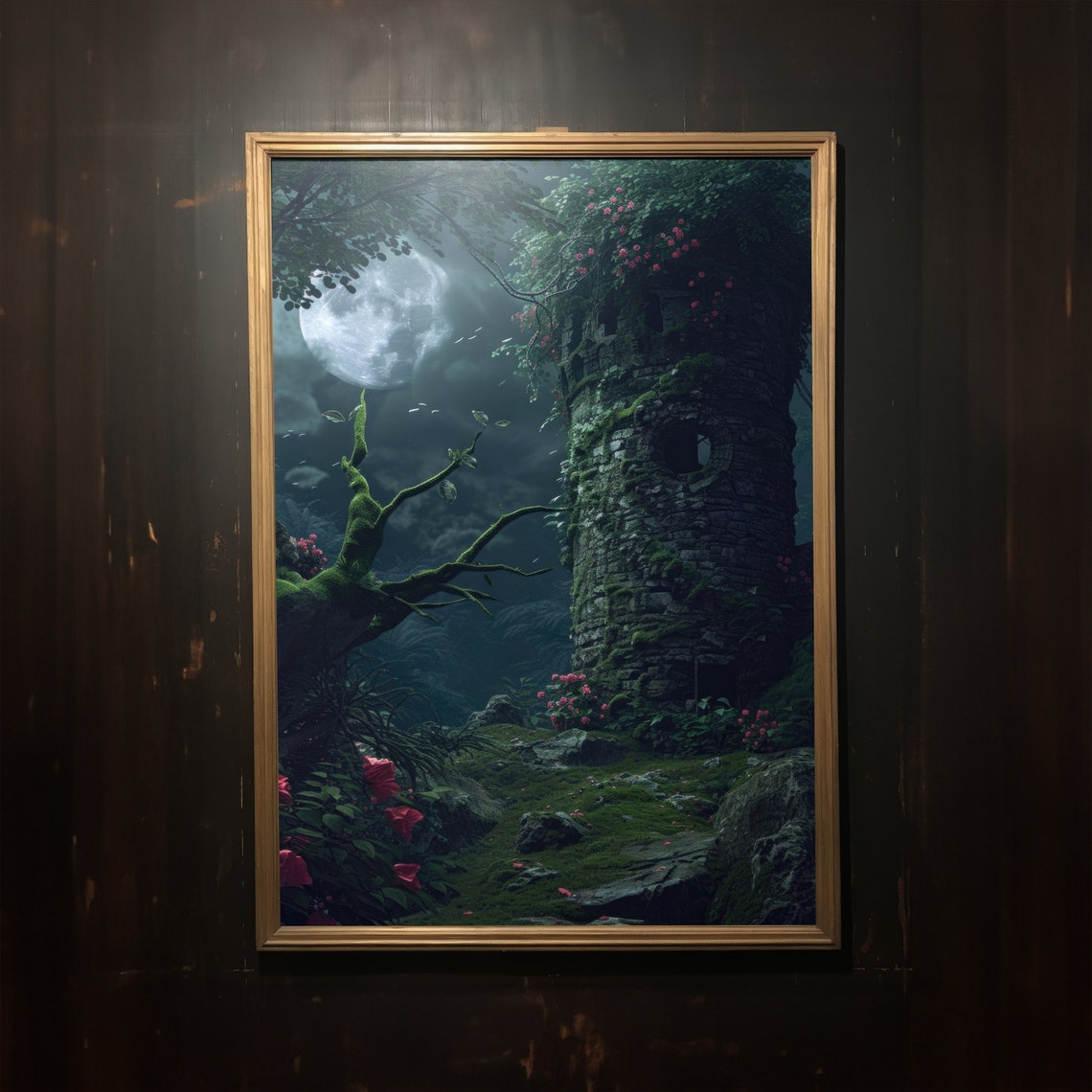 Moonlit Mossy Stone Tower Ruin With Roses Dark Fantasy Poster - Image 3