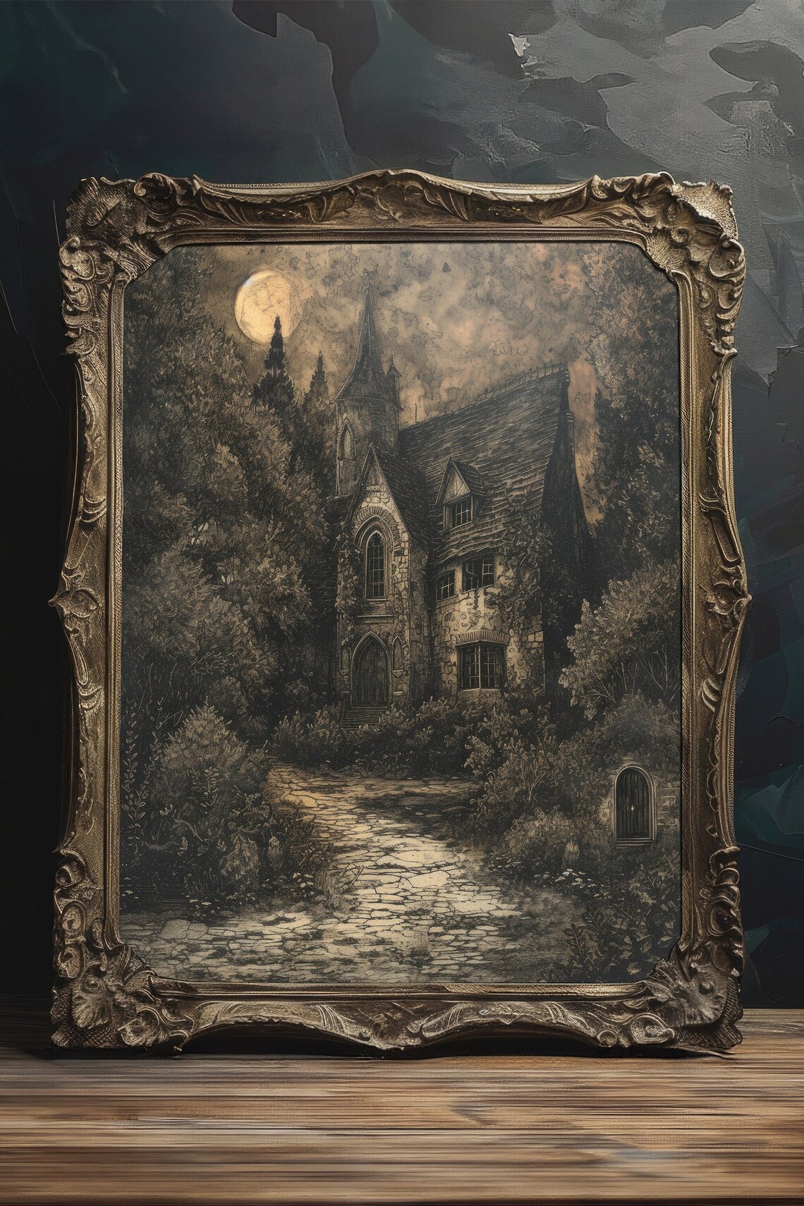 Moonlit Stone Cottage Etching Style Vintage Sepia Haunted Forest Art Poster - Image 3