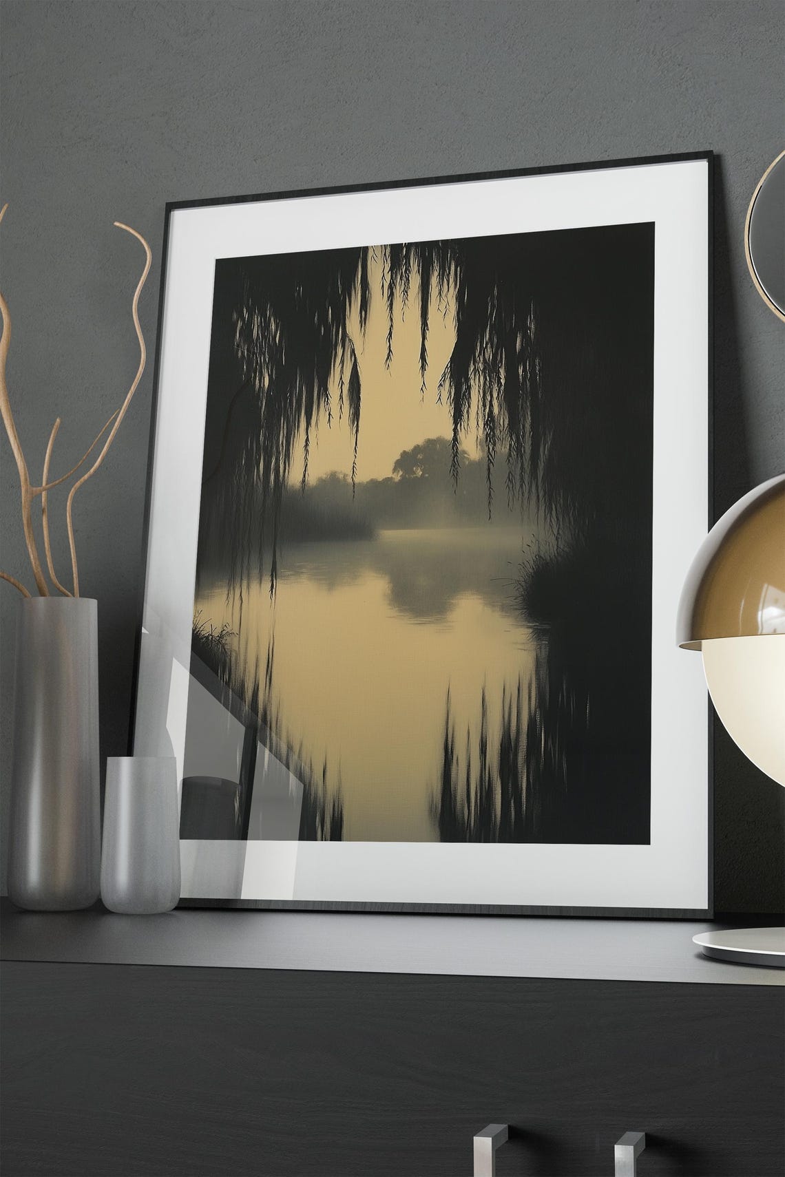 Misty Weeping Willow Lake Golden Dusk Landscape Painting Poster - Image 3
