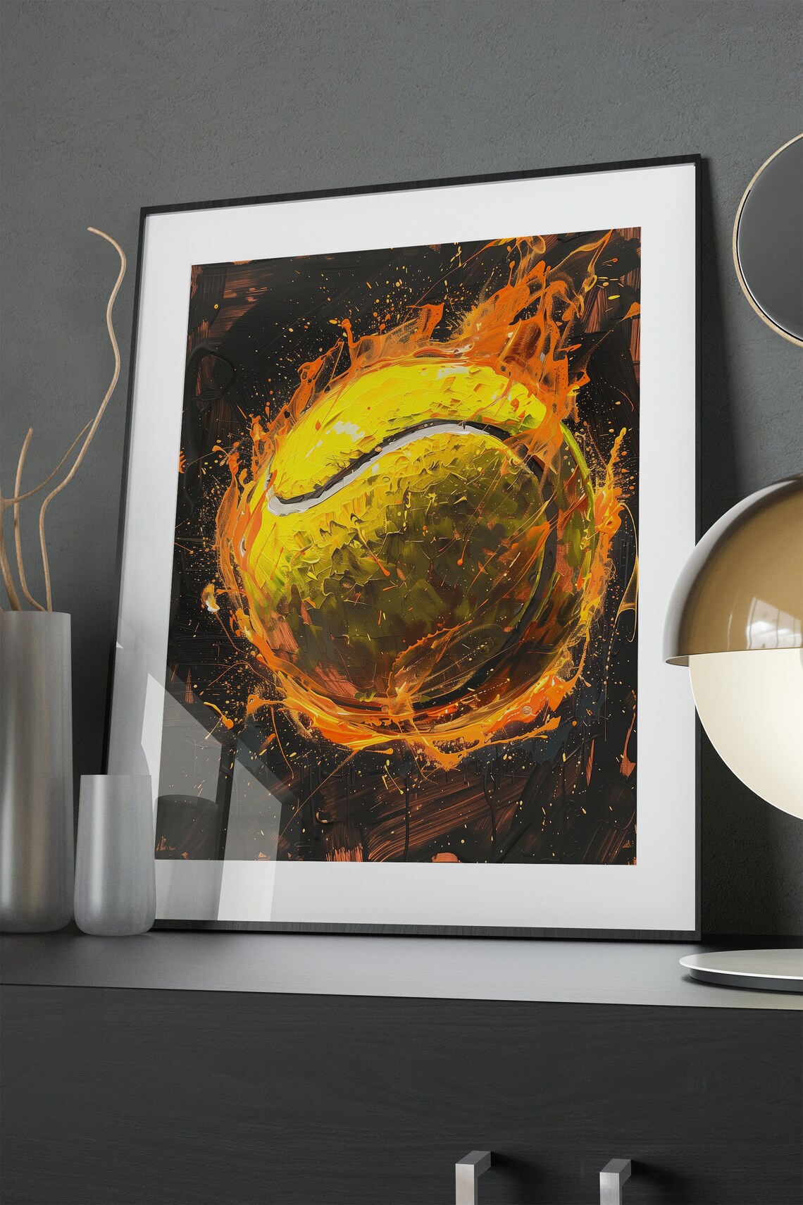 Burning Tennis Ball Flames Painting Poster Bold Sports Room Decor - Image 4