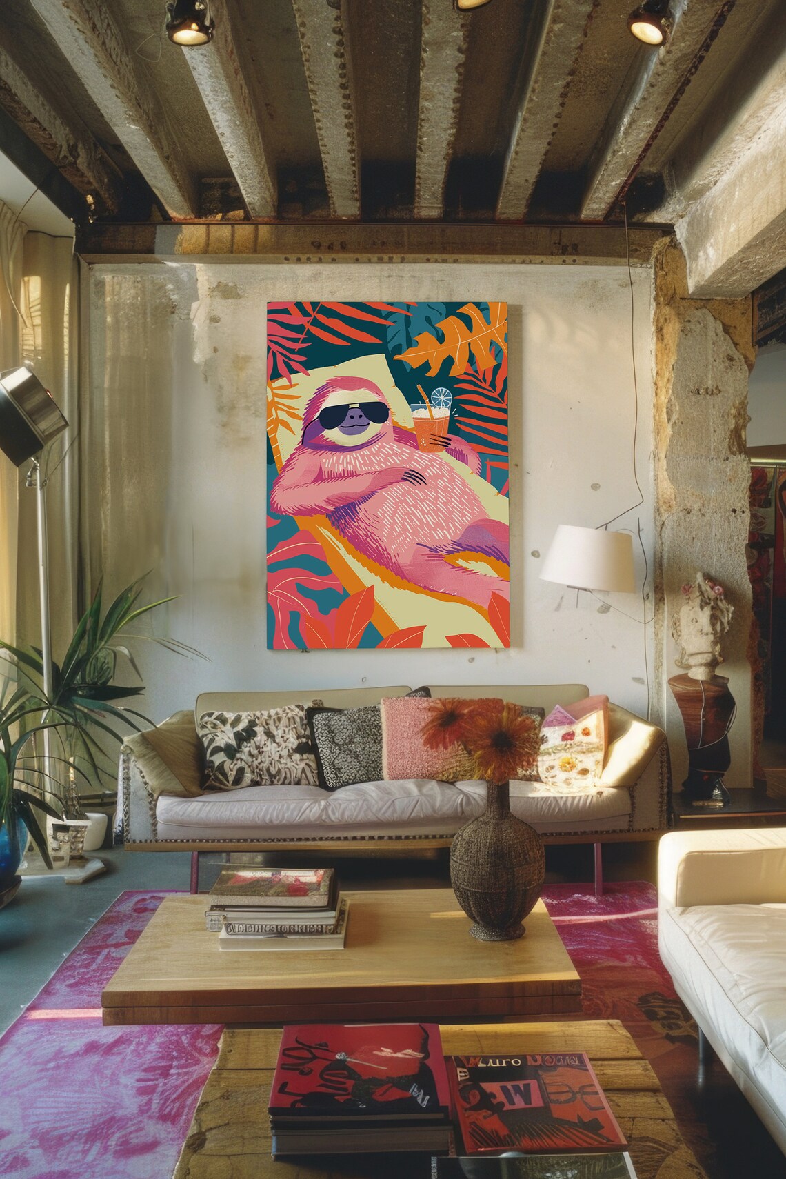 Lazy Pink Sloth Sunglasses Cocktail Poster Tropical Funny Animal Decor - Image 4