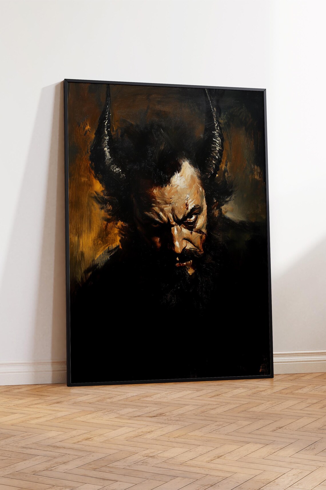 Horned Demon Portrait Fiery Dark Gothic Oil Painting Style Poster - Image 3