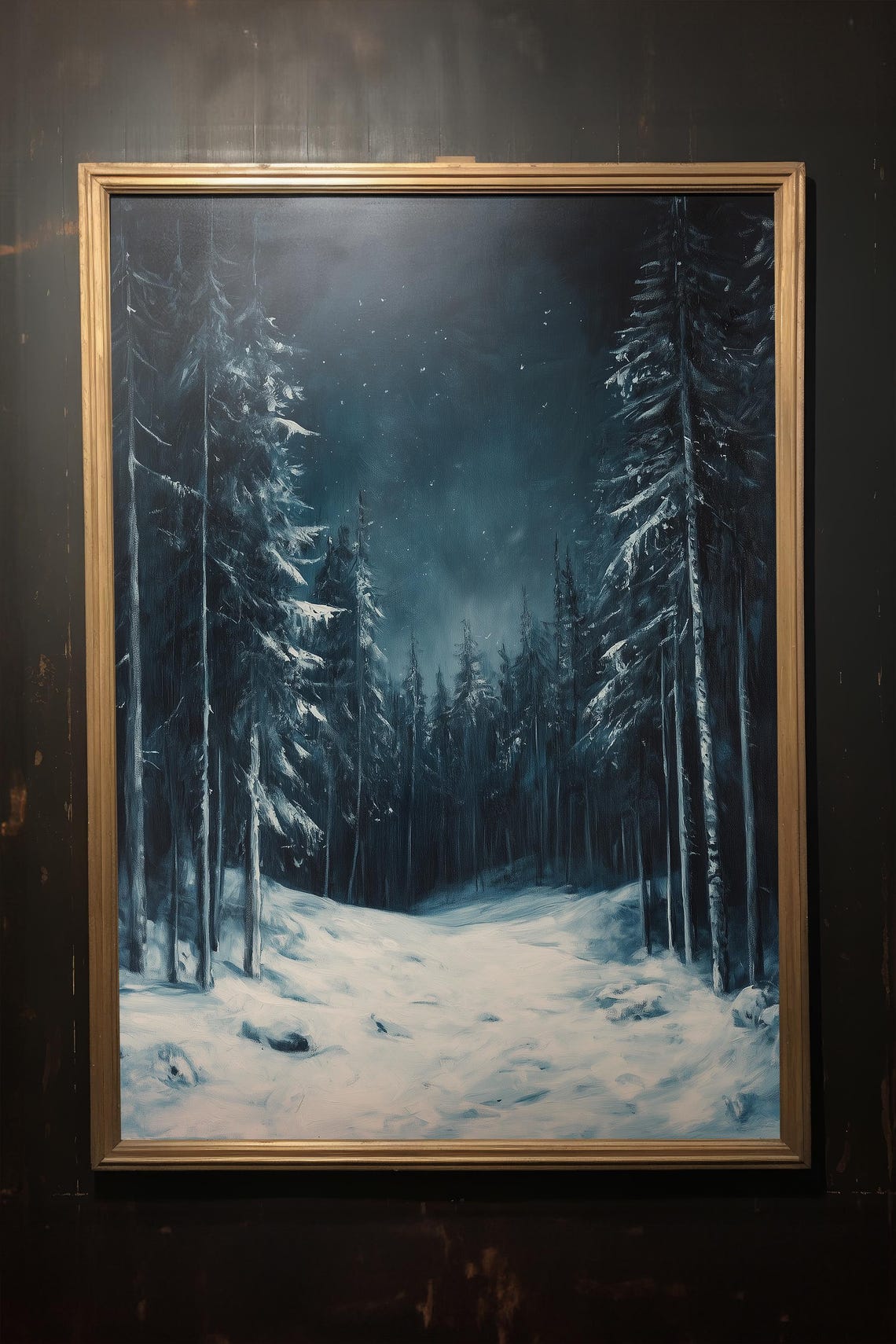 Moonlit Snowy Pine Forest Night Blue Winter Landscape Painting Poster - Image 3