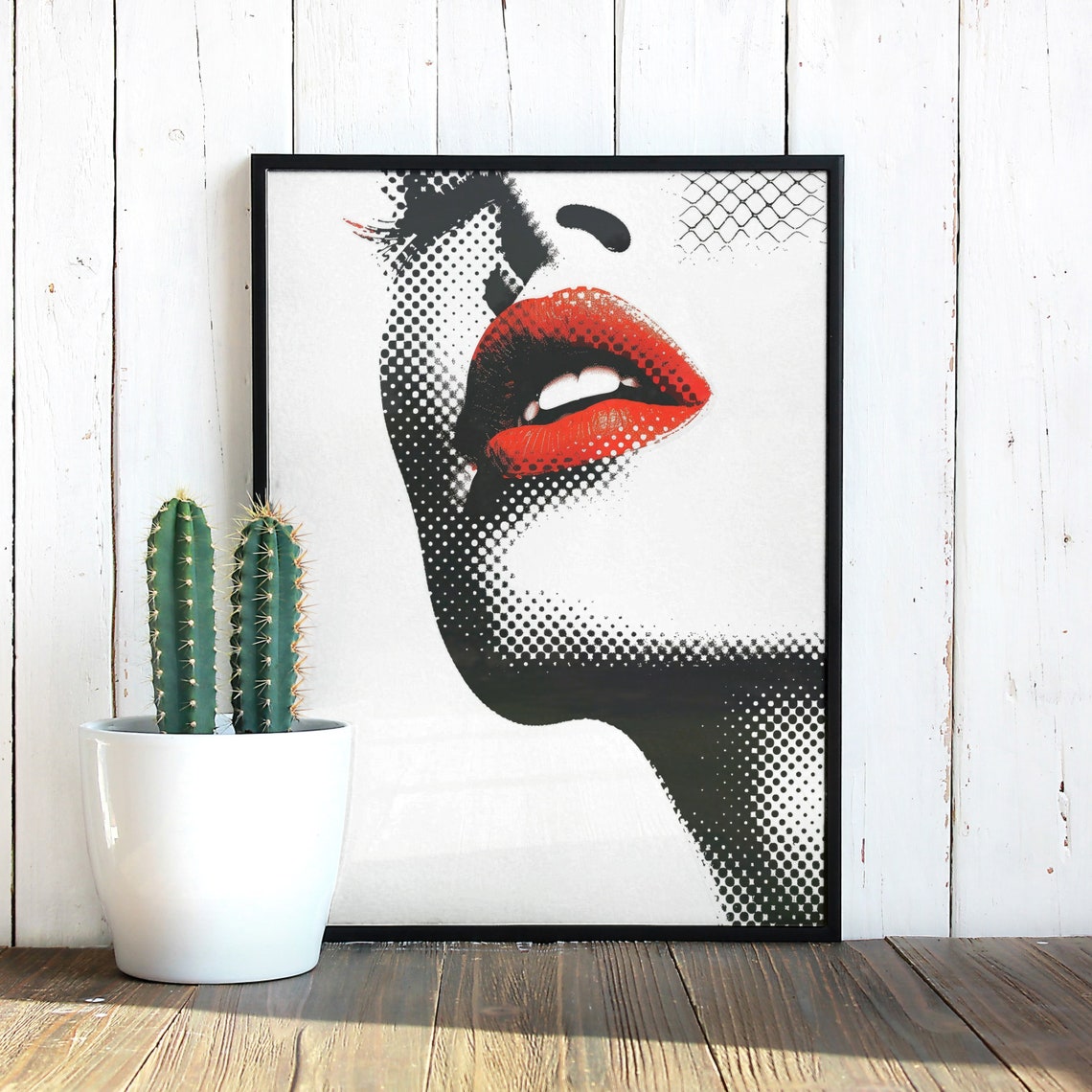 Red Lips Halftone Pop Art Print Retro Woman Portrait Wall Decor - Image 3