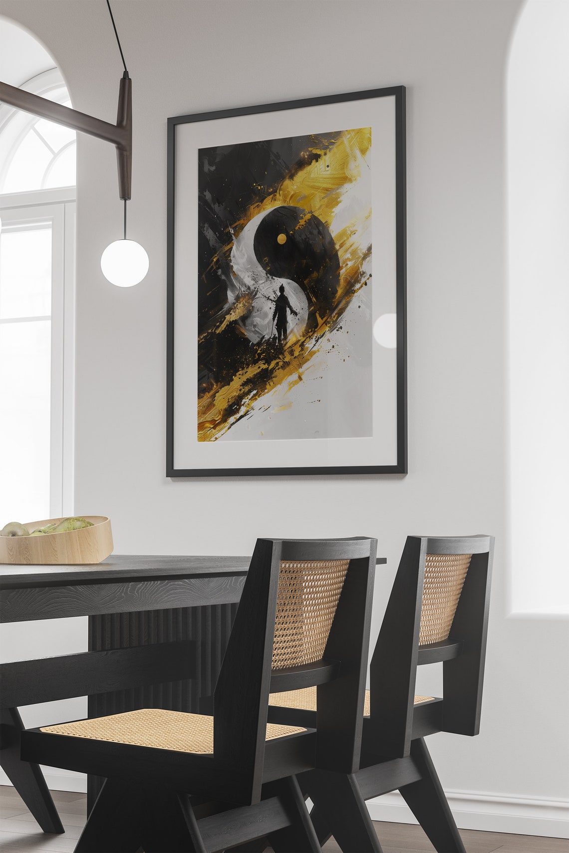 Yin Yang Gold Brushstroke Warrior Silhouette Abstract Art Poster - Image 3