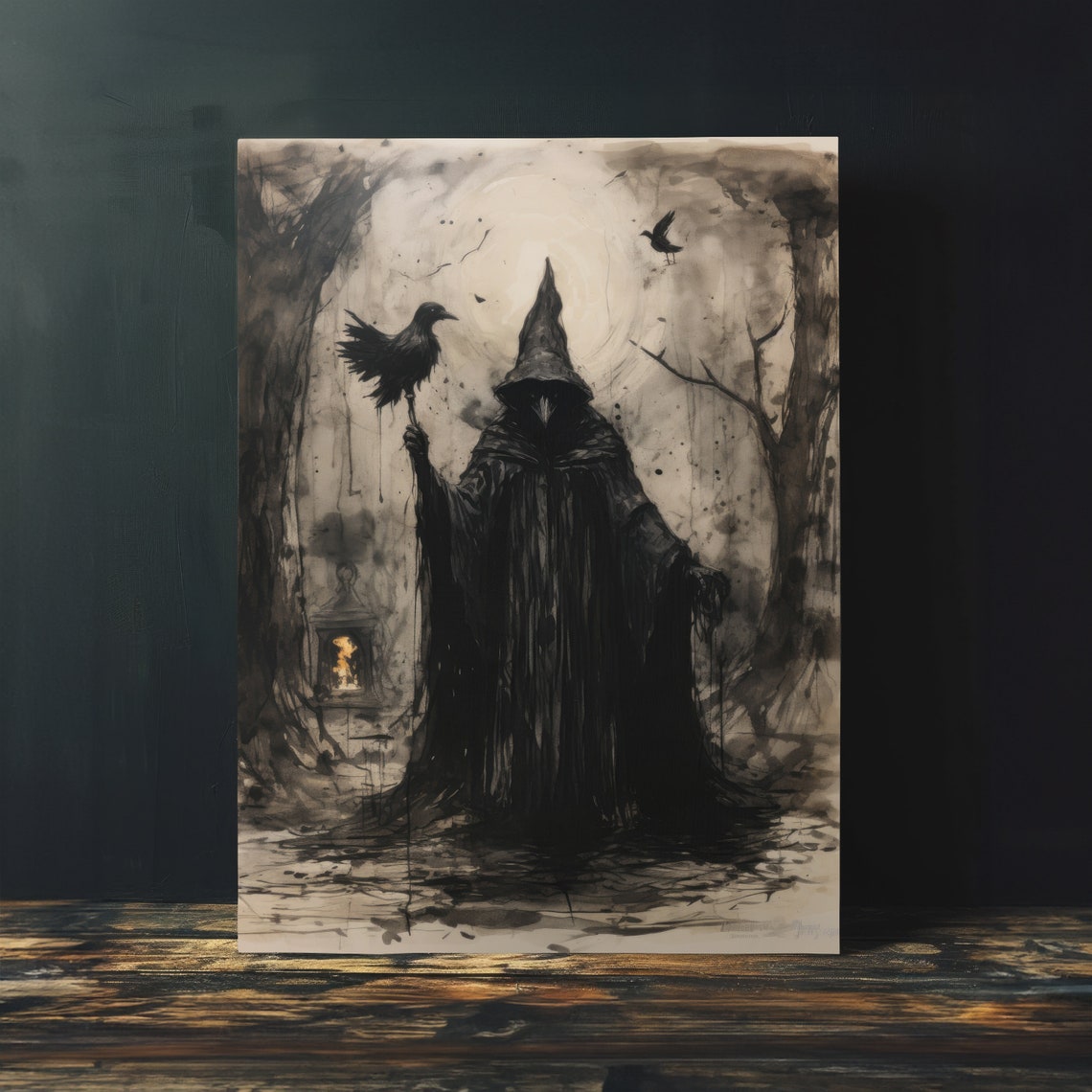 Dark Witch Holding Raven Ink Sketch Mystical Gothic Wall Art - Image 4