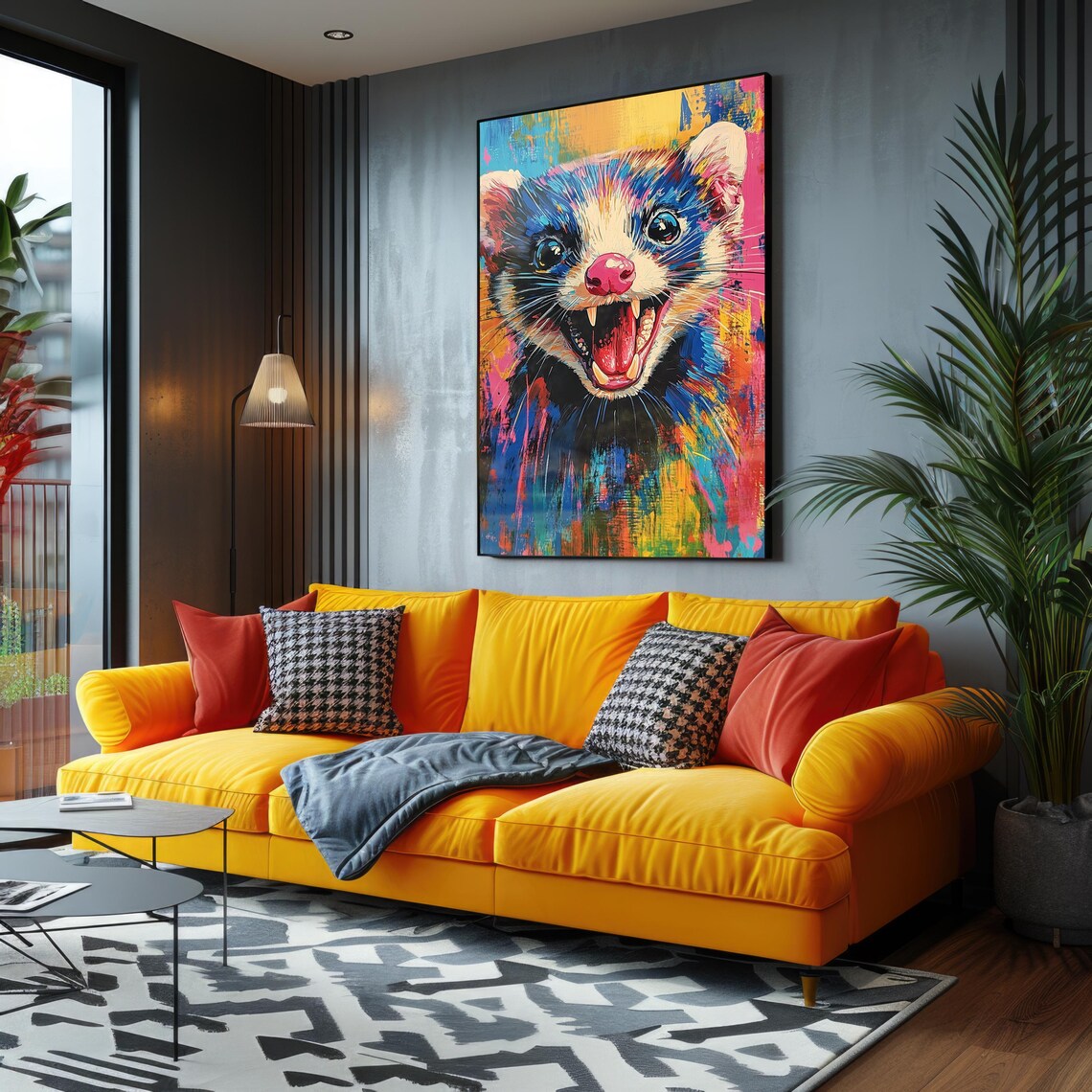 Cheeky Laughing Ferret Colorful Neon Pop Art Pet Portrait Print - Image 2