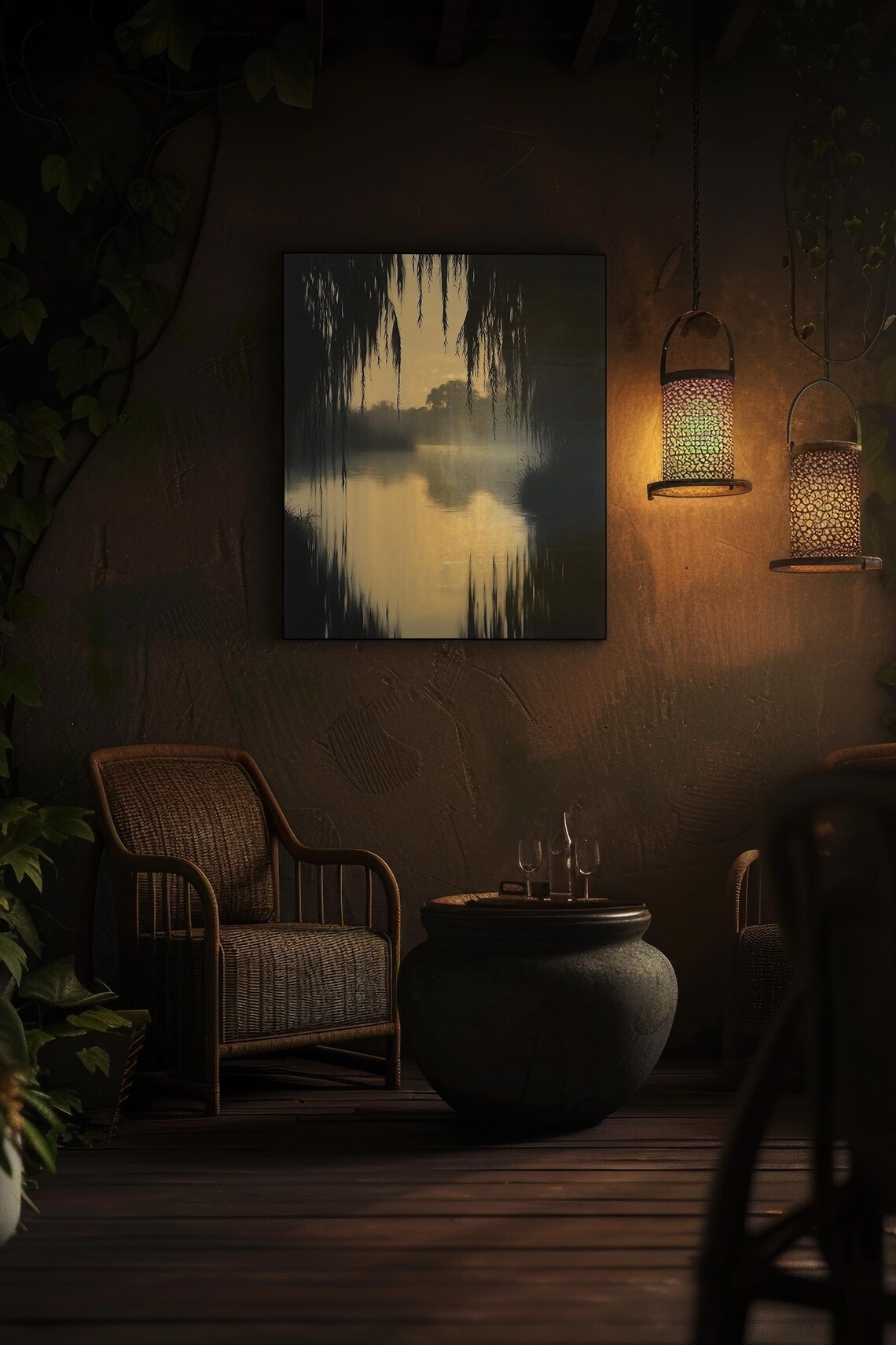 Misty Weeping Willow Lake Golden Dusk Landscape Painting Poster - Image 2