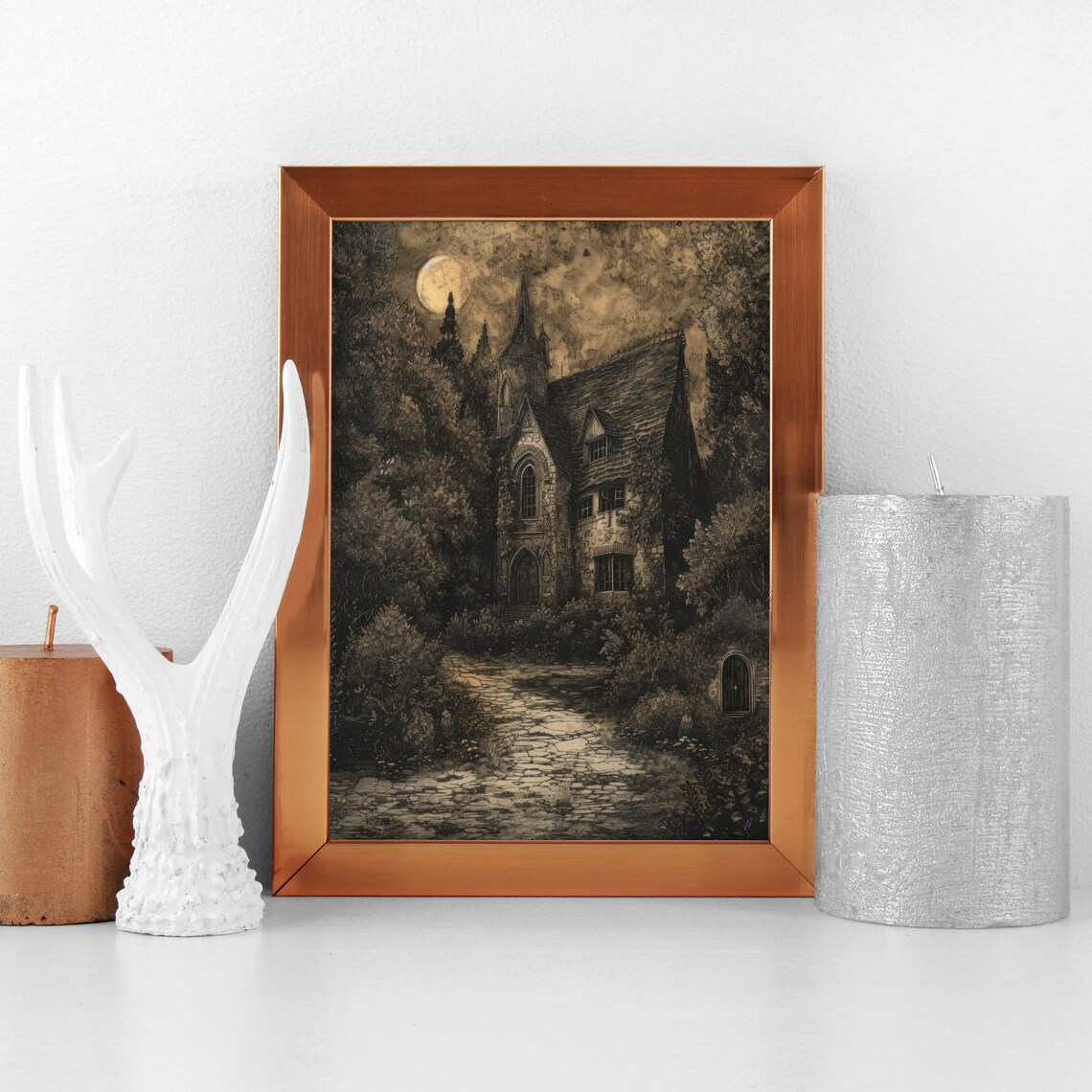 Moonlit Stone Cottage Etching Style Vintage Sepia Haunted Forest Art Poster - Image 2