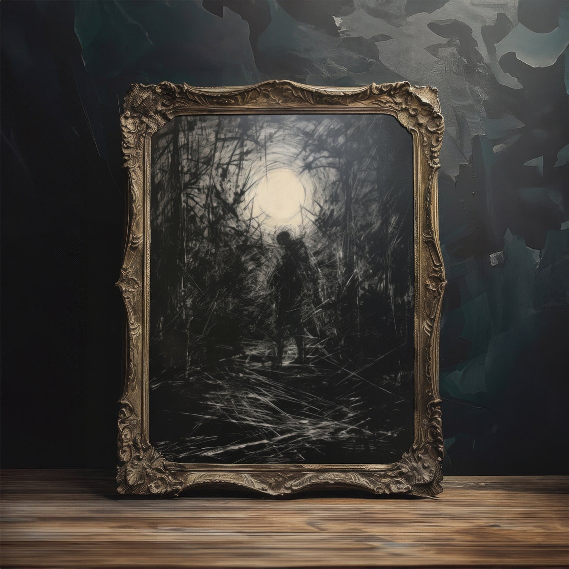 Moonlit Figure in Twisted Woods Eerie Charcoal Sketch Poster - Image 2