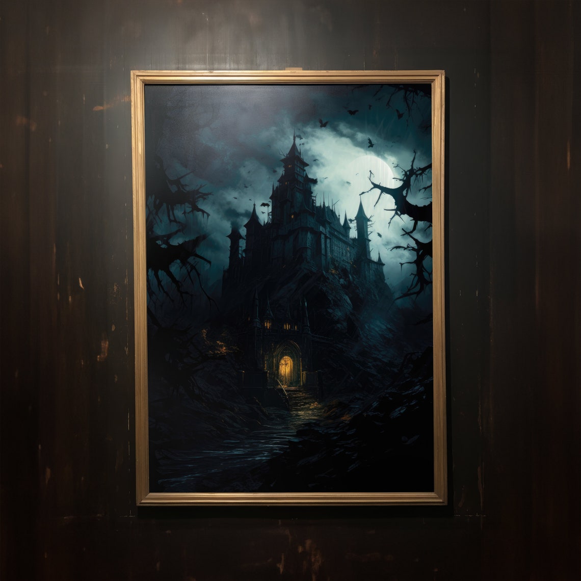 Dark Moody Gothic Castle Under Full Moon Night Landscape Wall Art - Image 3