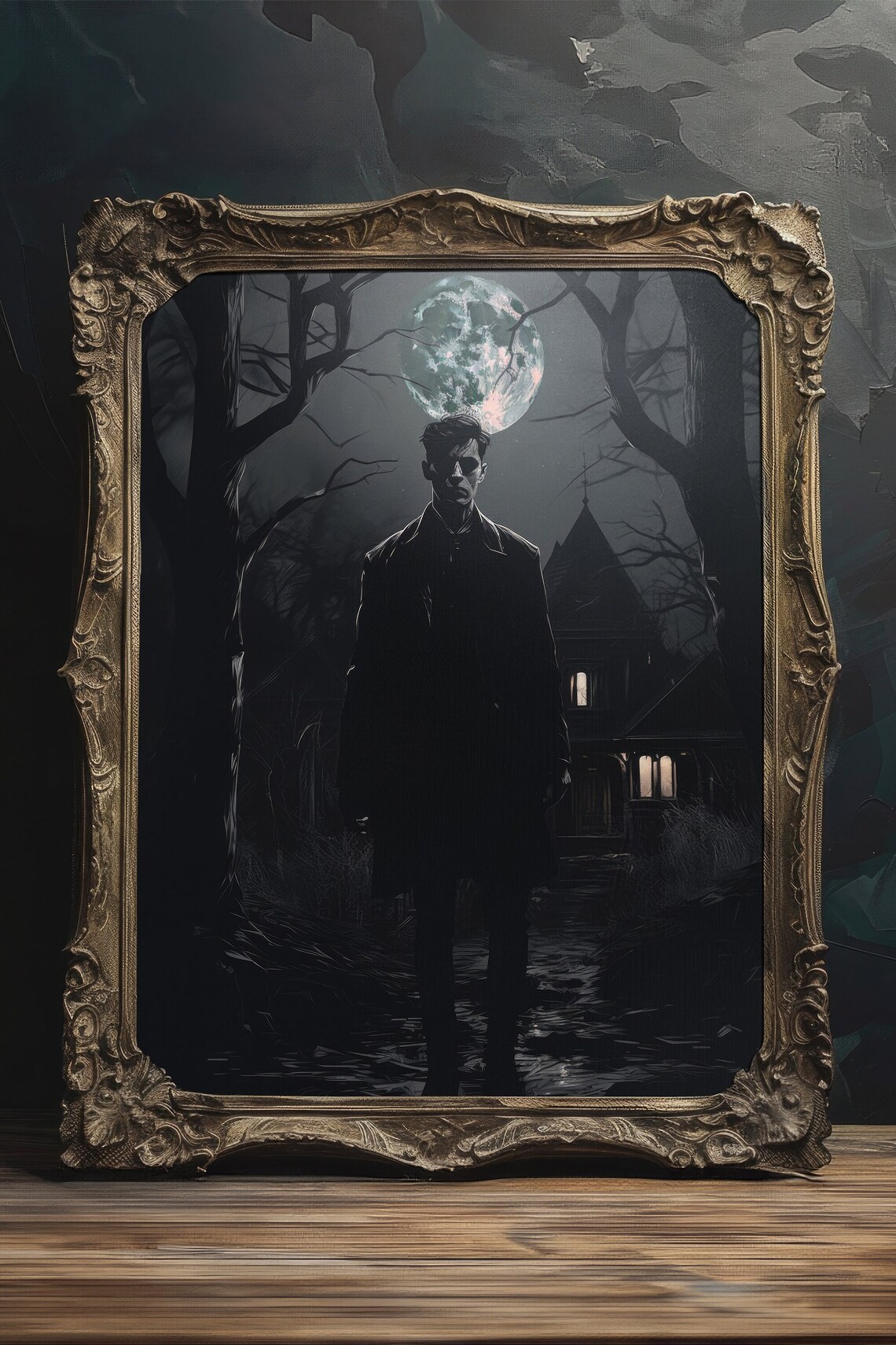 Pale Vampire Figure Gothic Mansion Green Moon Night Moody Dark Art Poster - Image 3
