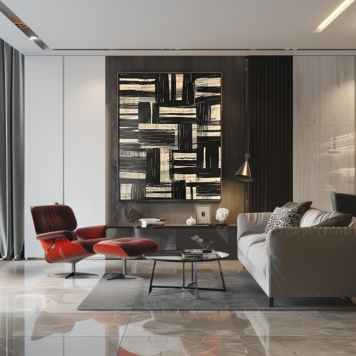Black And Beige Abstract Geometric Brushstroke Mid Century Art Poster - Image 4