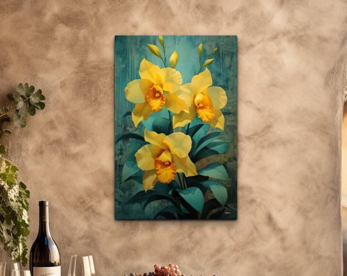 Yellow Orchid Blooms On Teal Background Exotic Floral Art Poster