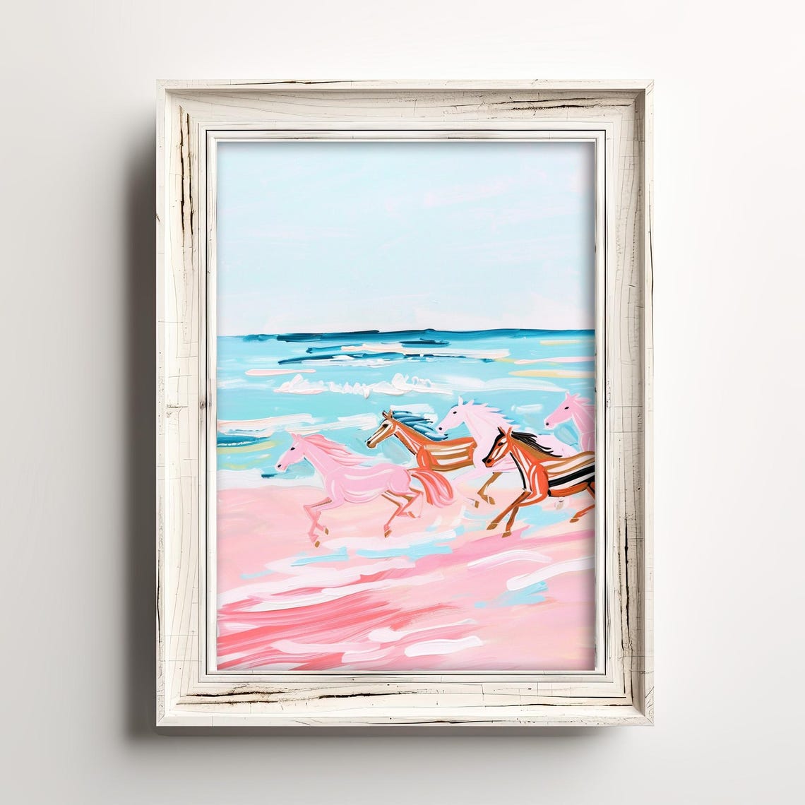 Joyful Pastel Pink Horses Galloping Along The Shoreline Wall Art