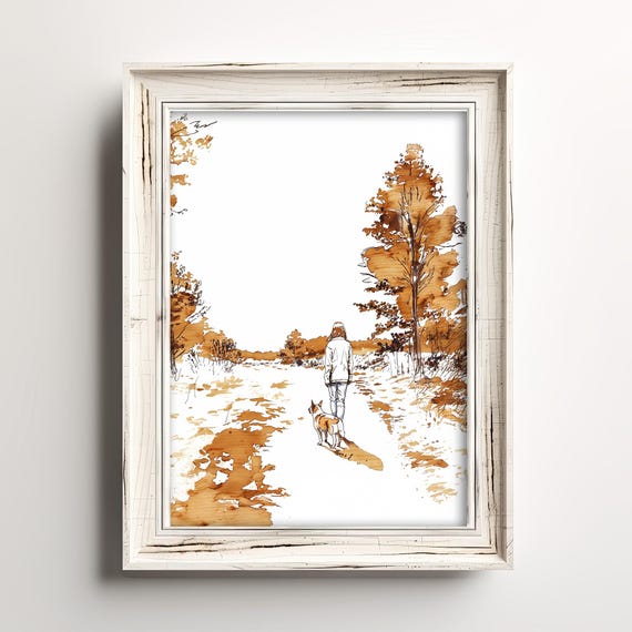 Autumns Day Dog Walk Fall Mom Sketch Art Woodsy Up North Autumn Season Wall Decor Walker Gift Warm Brown