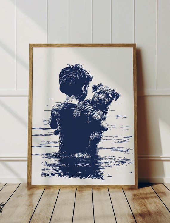 Puppy Safe In Boys Arms Cute Coastal Vintage Print Doodle Dog Art Beach Nursery Room Wall Adorable Home Decor Navy Blue Sketch