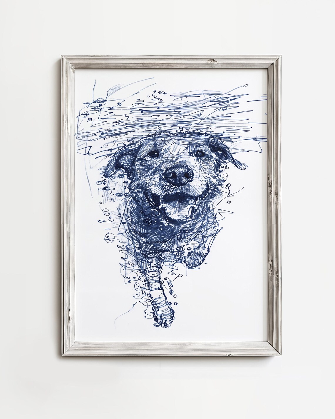 Underwater Labrador Drawing, Simple Blue Dog Art Print