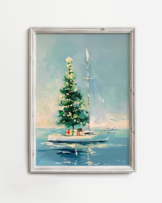 Christmas Sailboat With Tree and Gifts Coastal Nautical Holiday Art Print