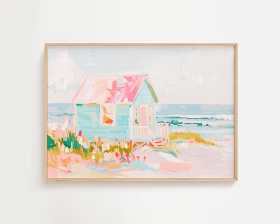 Pastel Beach Hut Surf Shack Pink Shore Soft Coastal Painting Poster