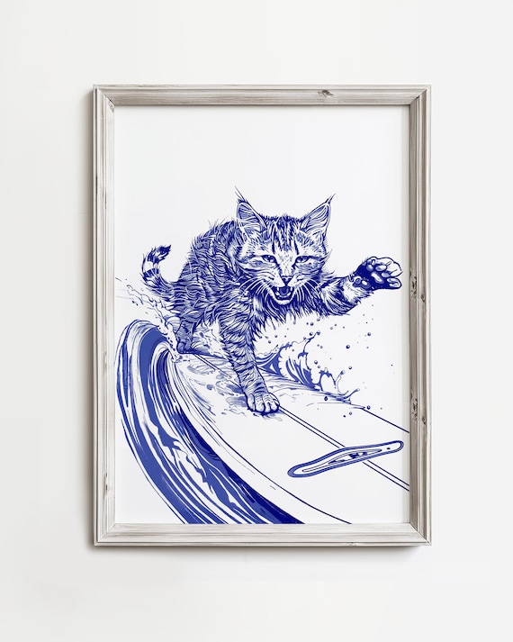 Surfing Cat Catching Waves Whimsical Coastal Beach Blue Ink Art Poster