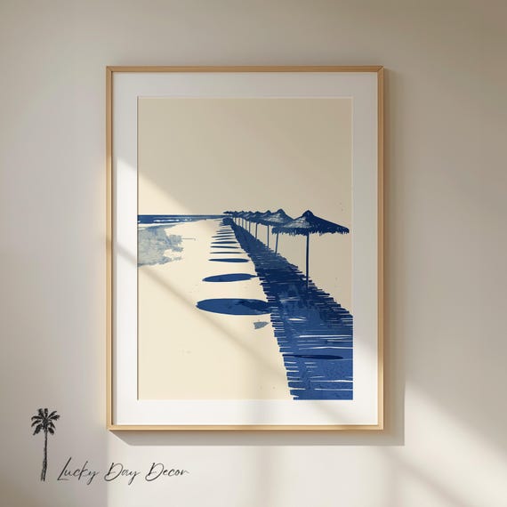 Umbrella Boardwalk Blissful Beach Art Ocean Resort Print Airy Minimalist Decor Rustic Blue Sketch Coastal Cottage