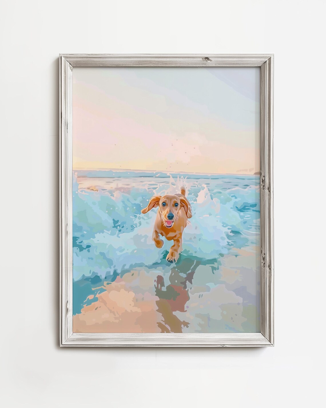 Happy Dachshund Running Through Ocean Waves Watercolor Dog Poster