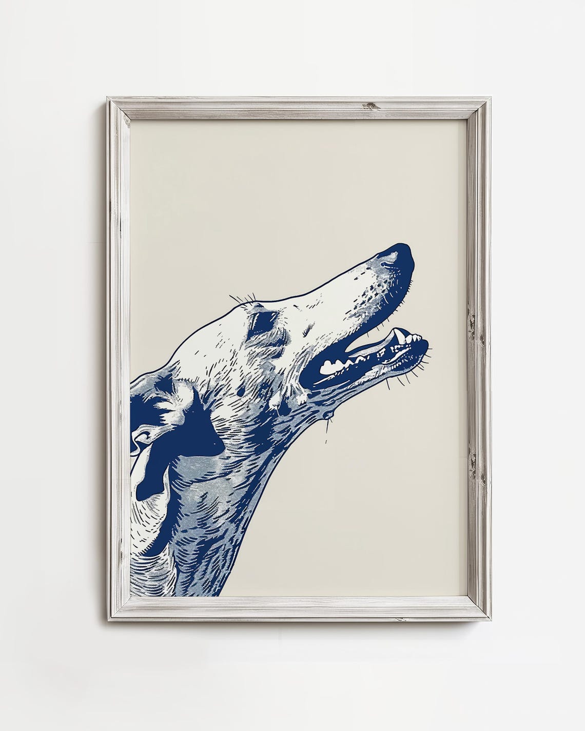 Joyful Greyhound Looking Up Navy Blue Etched Dog Portrait Poster