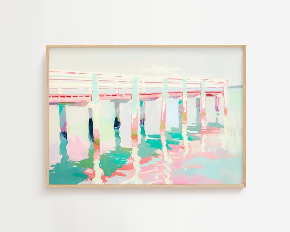 Pastel Ocean Pier Water Reflection Pink Teal Watercolor Poster